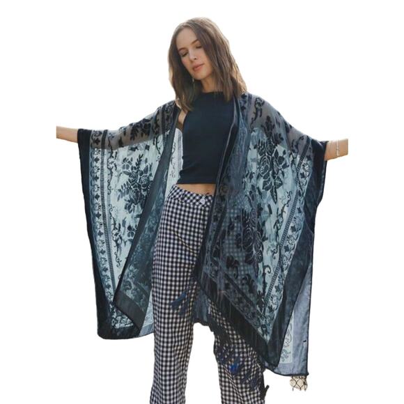 Tops - Floral Velvet Burnout Tassel Kimono / Boho Floral Top